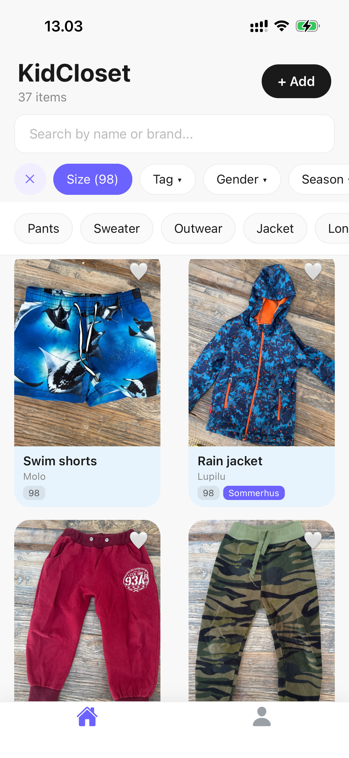 KidCloset app showing size 98 clothes filtered for a 4-year-old — swim shorts, rain jacket and joggers