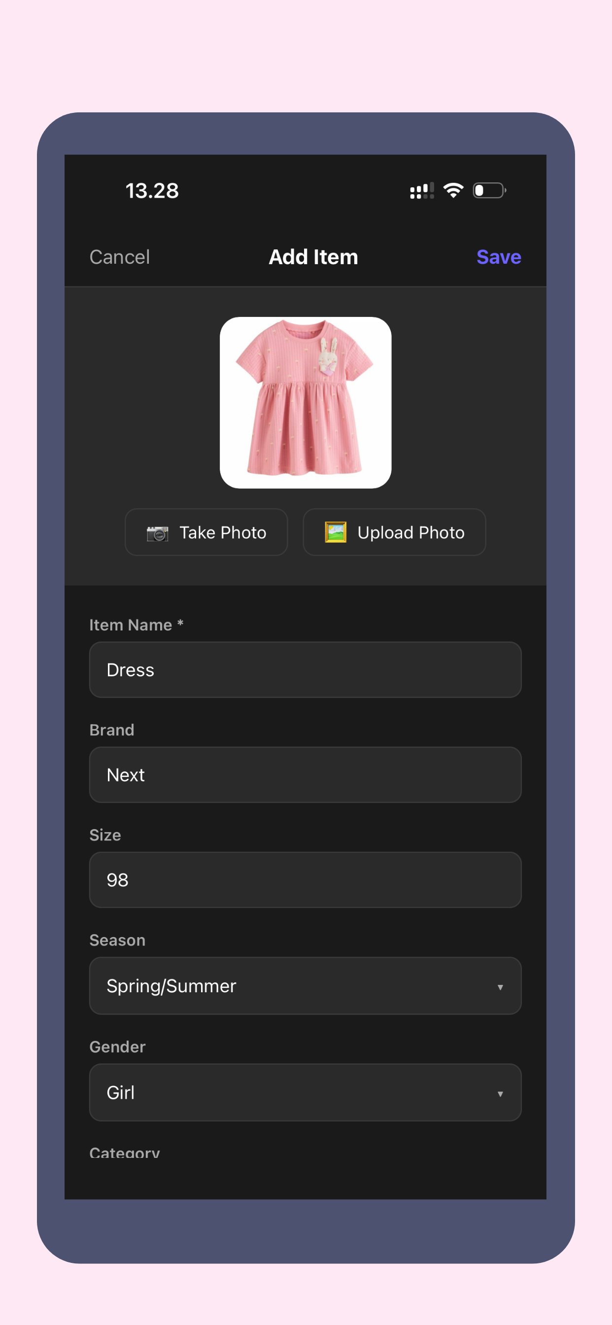 KidCloset add item screen