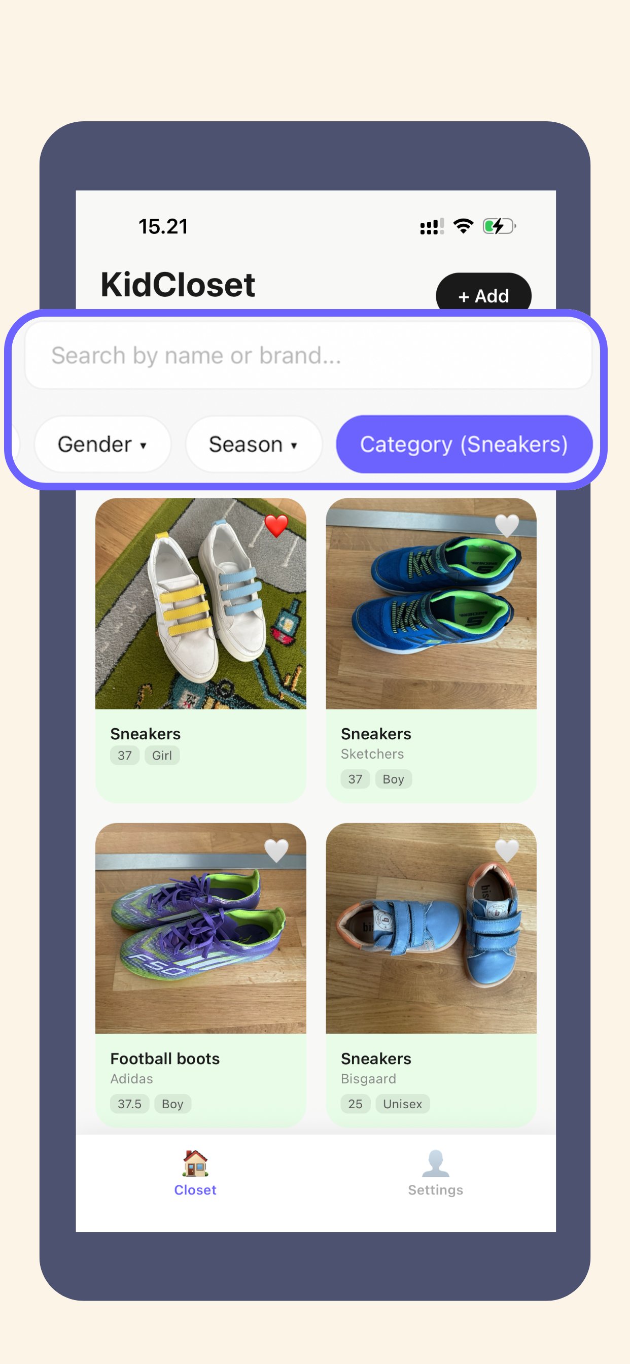 KidCloset filter by size