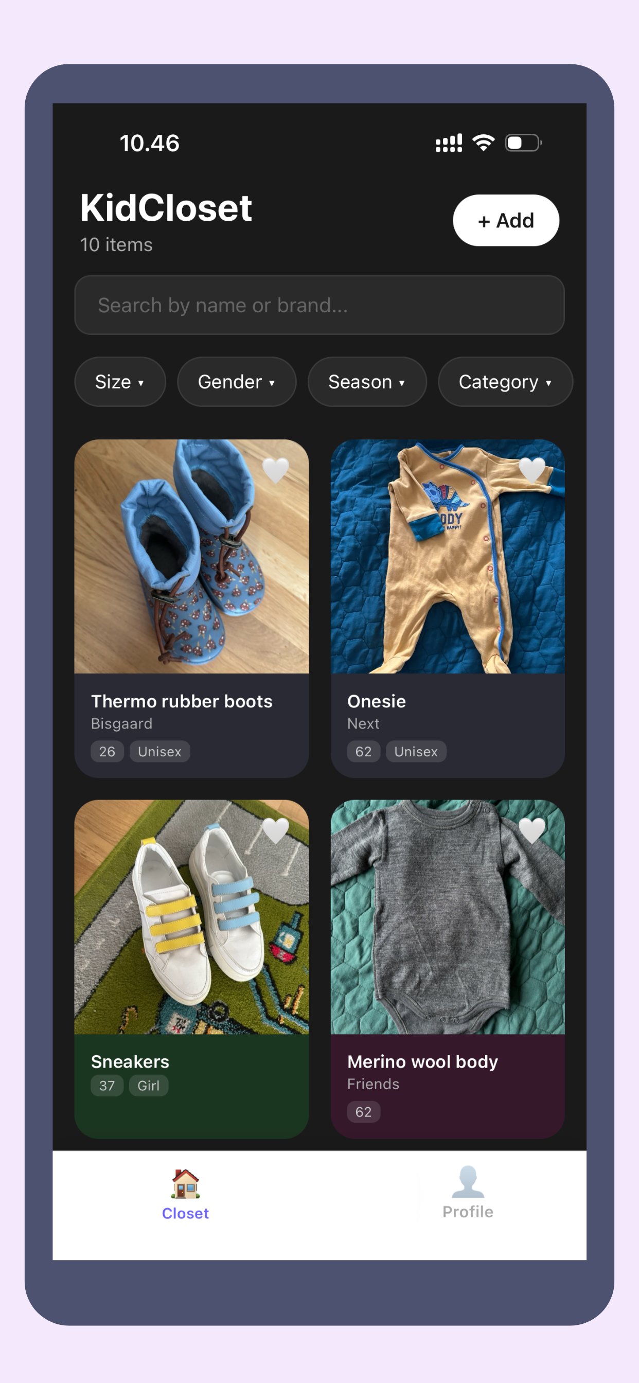 KidCloset app showing clothing grid
