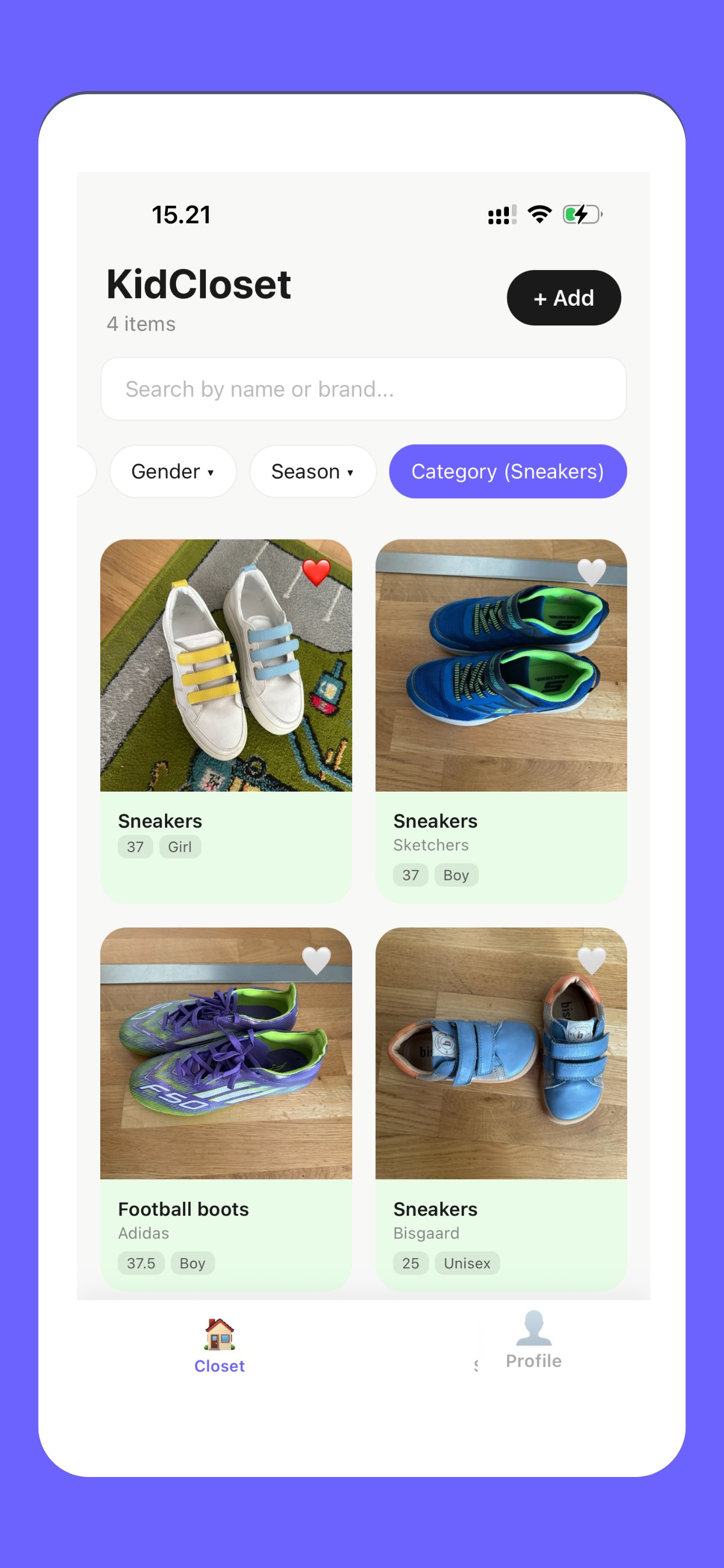 KidCloset closet grid view